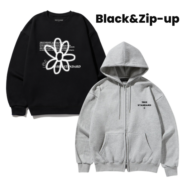 【SET】 BW FLOWER Sweatshirt + SMALL CENTER Hooded Zip-Up (GREY)