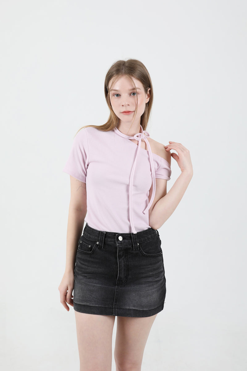 Off Shoulder Twist Half-Sleeve T-shirt Pink