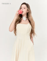 [LADY LINE] Graceful square-neck bustier long flared dress IVORY