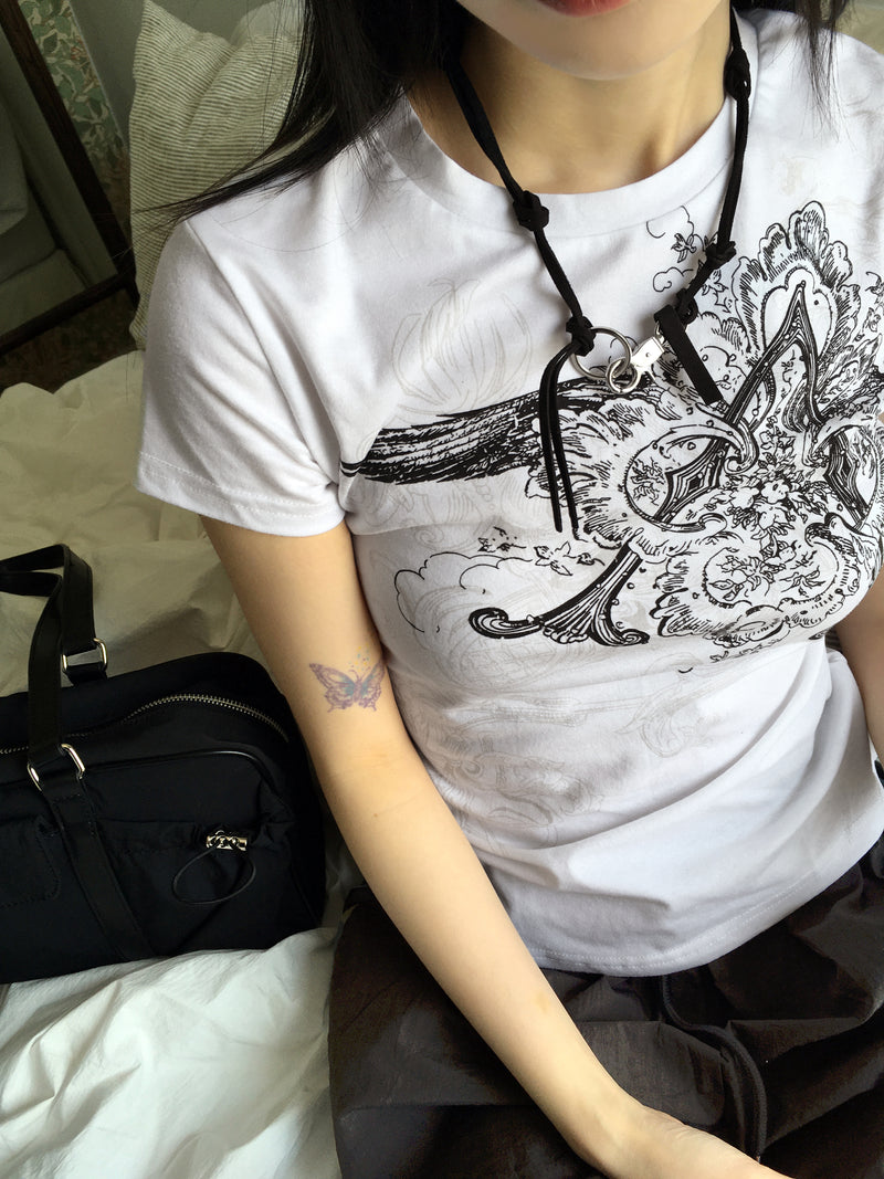 Doodle tattoo printing slim short sleeve t-shirt