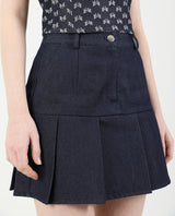 Denim Pleats Banding Mini Skirt Dark Blue