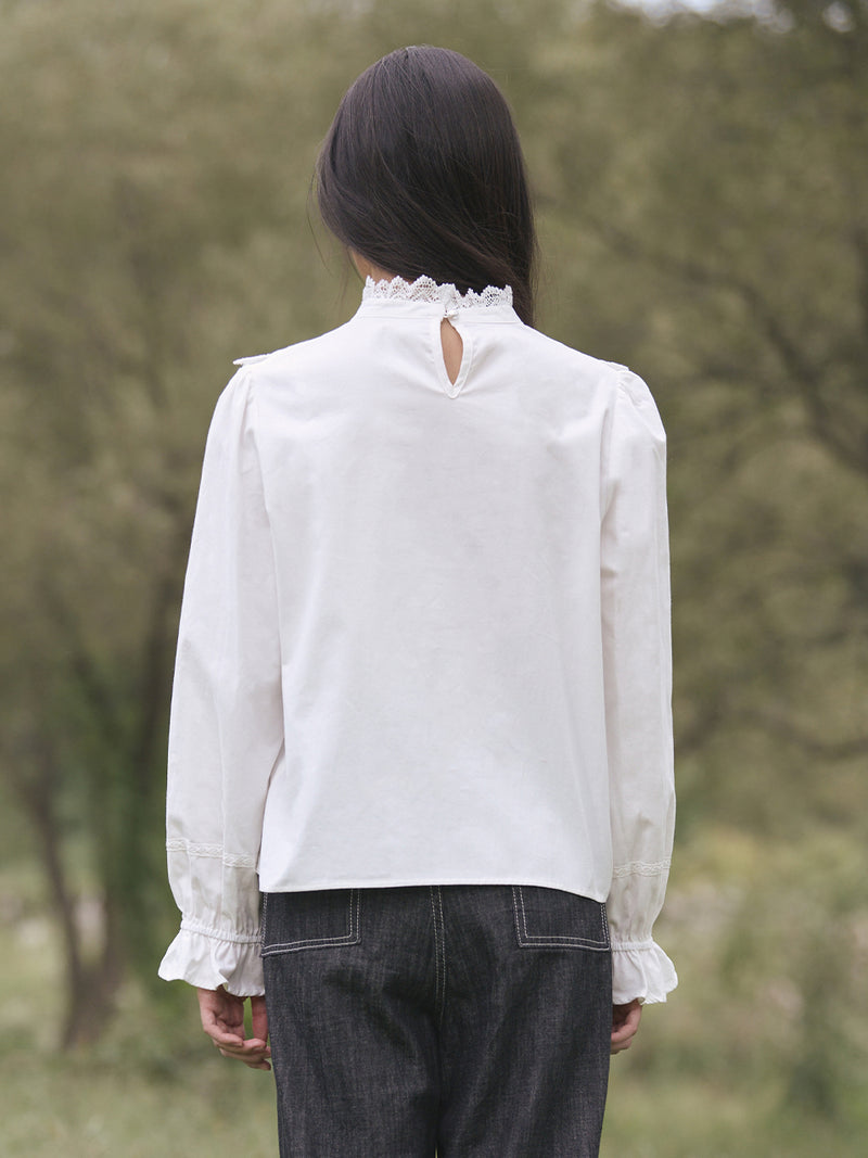 High-Neck Lace-Frill Blouse (Ivory)