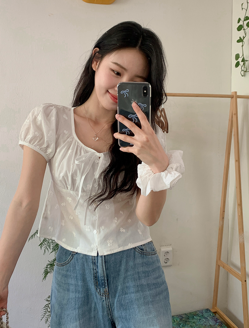 RM Flower Puff Shirring Summer Short Sleeve Blouse