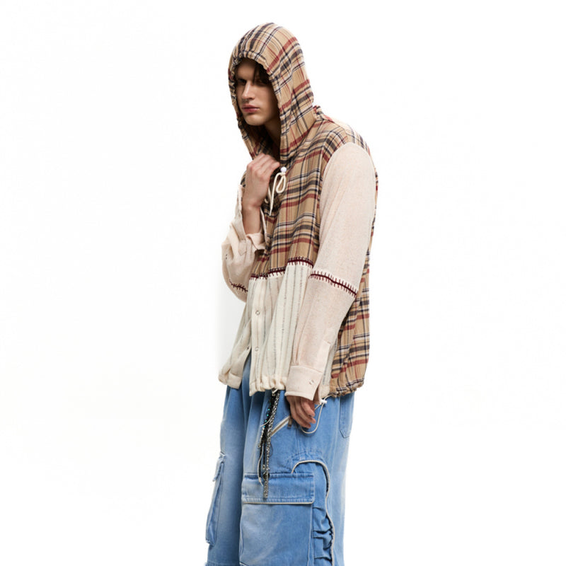 KNIT MIXED CHECK HOOD - BEIGE