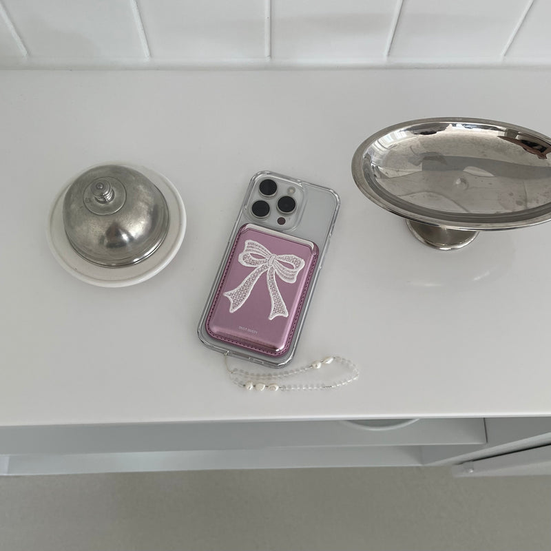 long ribbon MagSafe card case + Magsafe phone case [pink silver]