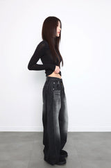leather patch black denim wide jeans
