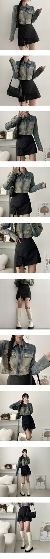 Jeans Back-banded Ribbon String Mini-Skirt