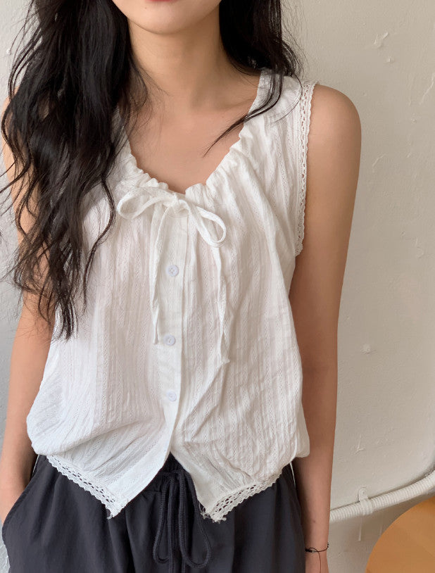 Pointed Summer Shirring Lace Sleeveless Blouse (2color)