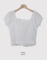 Flower Lace Frill Puff Crop Blouse (2color)