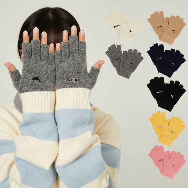 Dolphin embroidery fingerless wool gloves