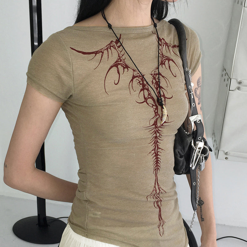 Shirred shirring tattoo printing two-way short sleeve t-shirt