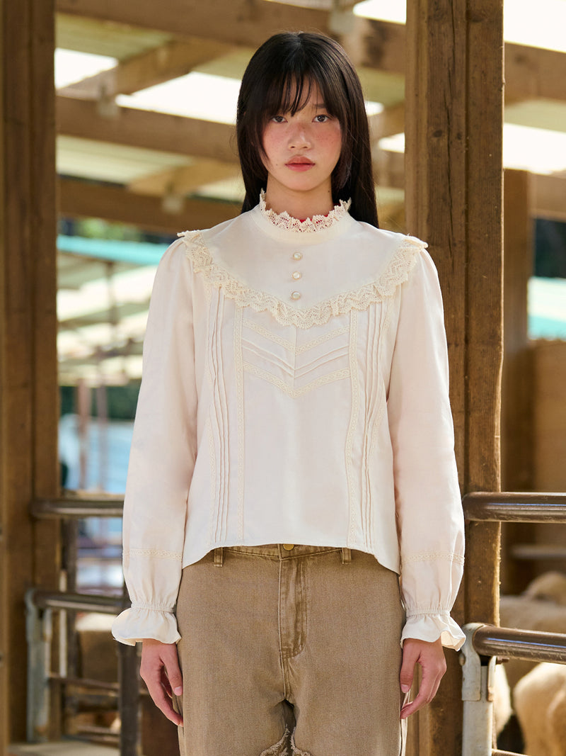 High-Neck Lace-Frill Blouse (Beige)
