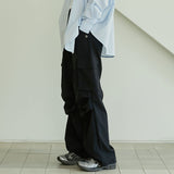 Wide cargo string polyester twill pants black
