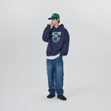 LEATHER APPLIQUE GRAPHIC HOODIE
 - NAVY