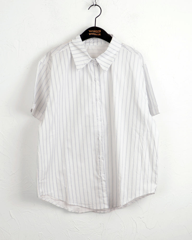 Index striped roll-up collar short-sleeved shirt