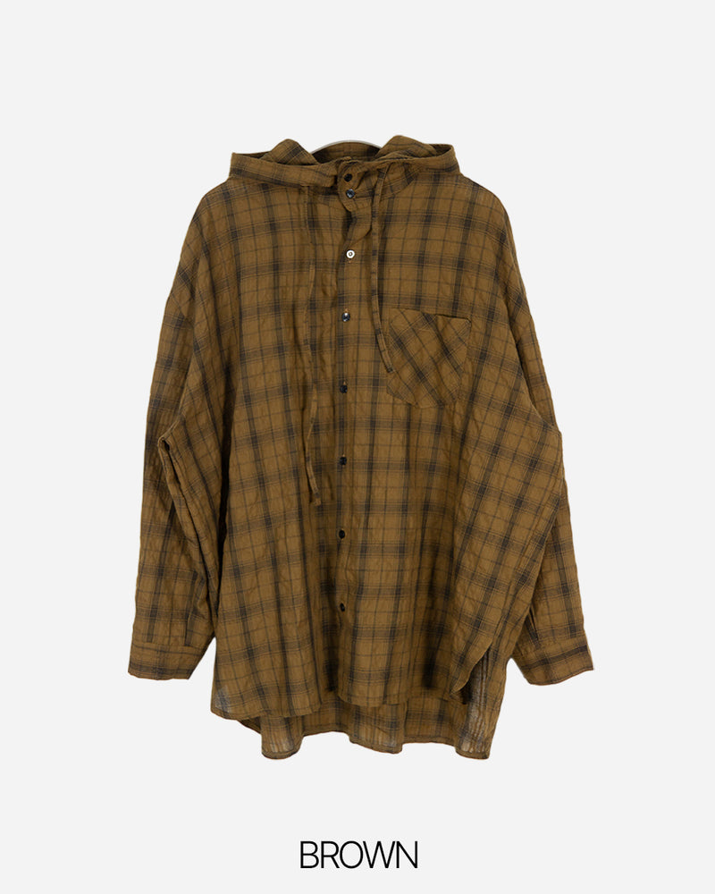 Linen checkered hooded shirt
