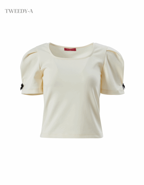 Helen's Side Ribbon Point Square Neck Short-Sleeved T-Shirt 3 Colors