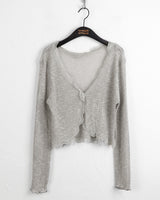 Lunan frill lace ribbed wave see-through one button long sleeve cardigan