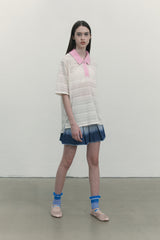 CUT OFF COLLAR POINT LACE SHORT SLEEVE KNIT [IVORY]