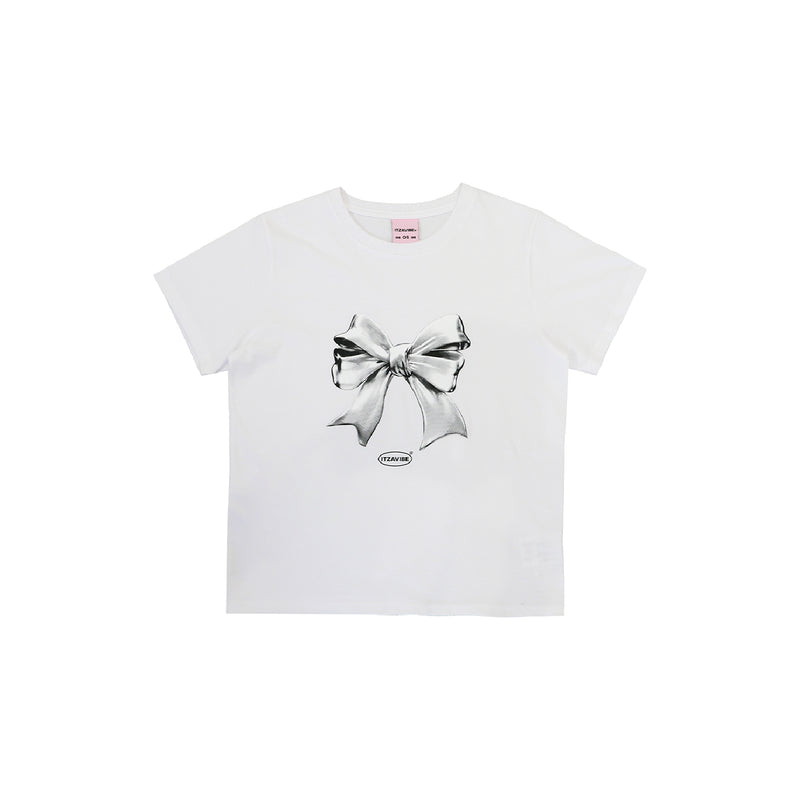 メタリックリボンスリムフィットTシャツ - WHITE