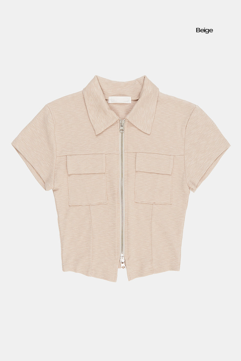 Slab 2-way zip-up crop collar T-shirt