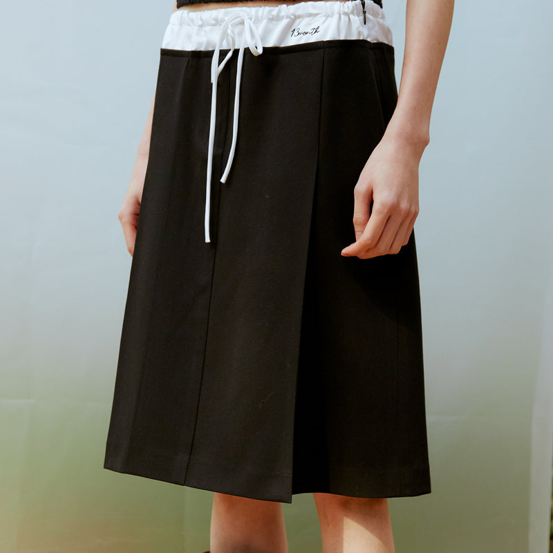 Contrast Pleats Skirt (BLACK)
