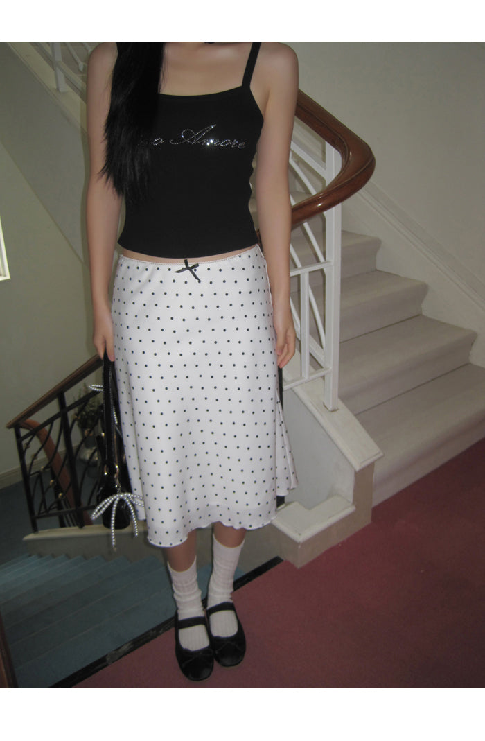 White satin dot midi flared skirt