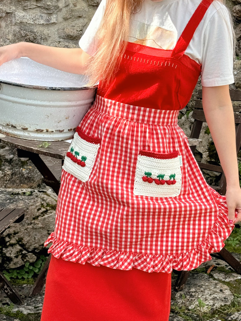 cherry knit pocket checkered apron