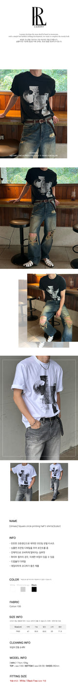 【ユニセックス】スクエアサークルプリントハーフTシャツ(3color)