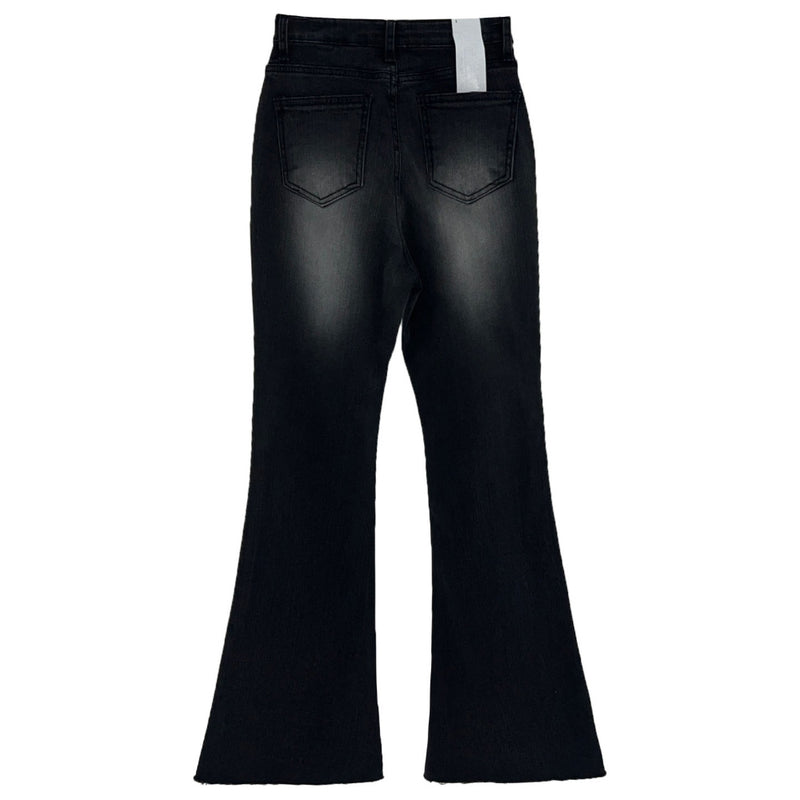Gradient Washed High Waist Span Long Bootcut Denim Pants (Black)