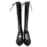 Lace-up spandex denim stiletto long boots (Denim)