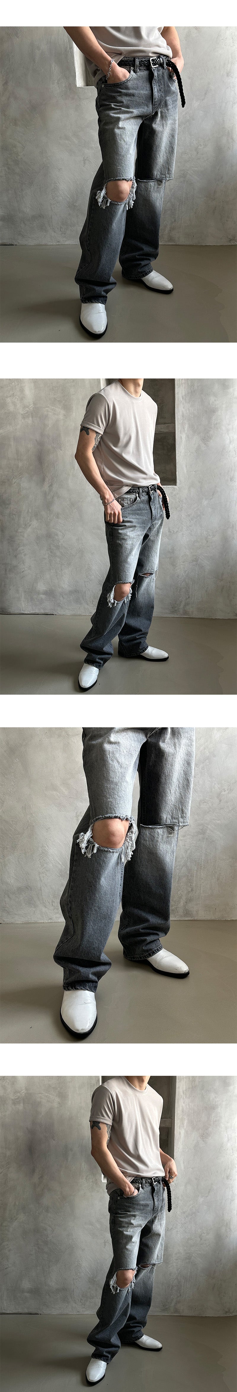 [Unisex] Daily gray destroyed denim pants