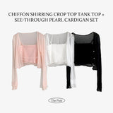  Knowing chiffon shirring crop top tank top + see-through pearl cardigan set