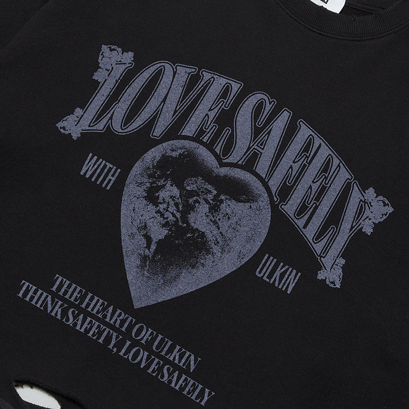 [ULKIN] Destroyed Love Safely Semi-crop Sweatshirt_Black