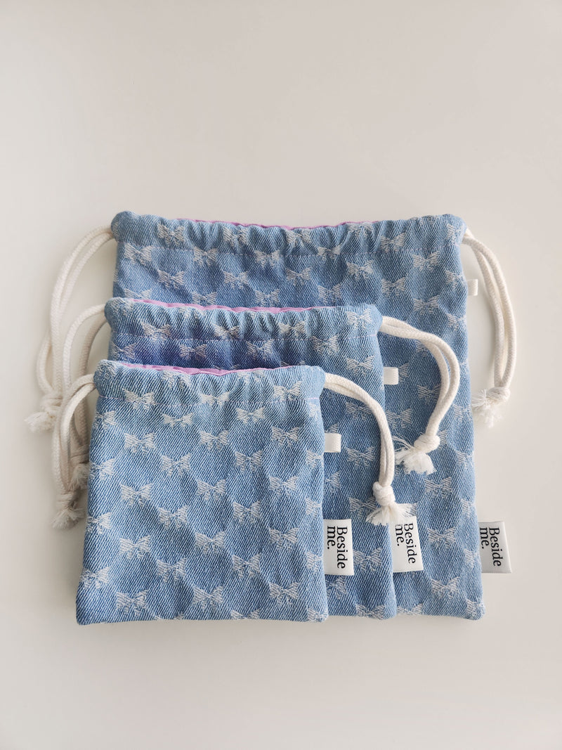 denim ribbon string pouch - light blue L
