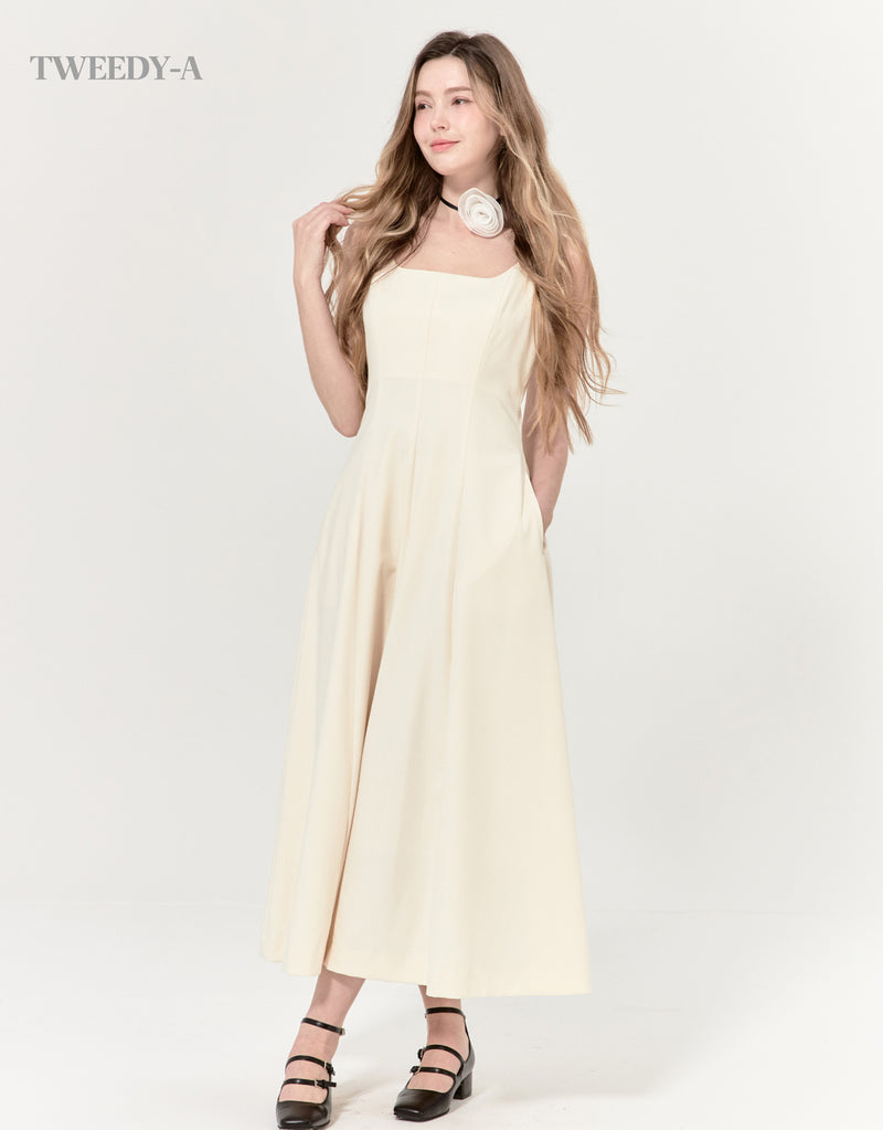 [LADY LINE] Graceful square-neck bustier long flared dress IVORY