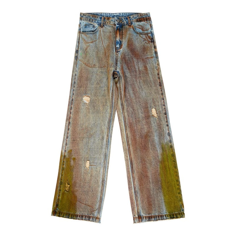 FMACM 24SS Stained Ripped Rust Yellow Mud Jeans
