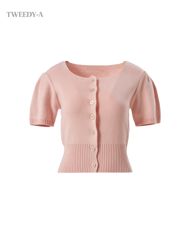 Jolie square neck puff short sleeve knit Coral pink