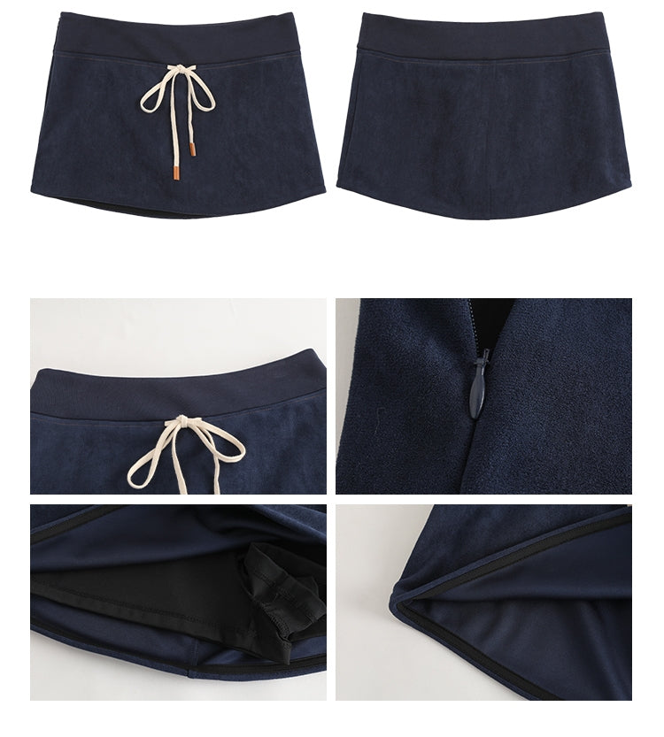 Navy drawstring terry mini skirt