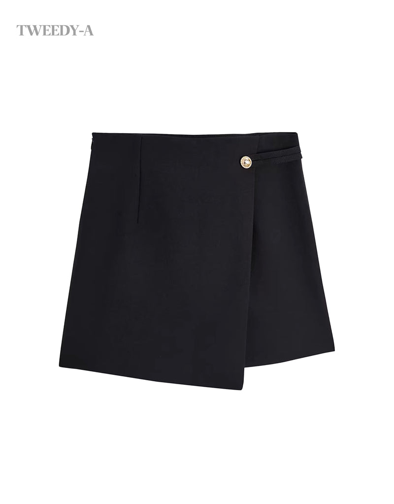 Golden button point unbalanced mini skirt