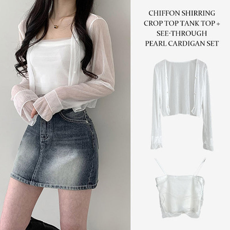  Knowing chiffon shirring crop top tank top + see-through pearl cardigan set