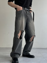 ripped black wide denim pants(2colors)