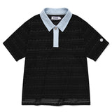 CUT OFF COLLAR POINT LACE SHORT SLEEVE KNIT [BLACK]