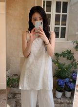 Summer Beige Striped Layered Sleeveless Mini Dress