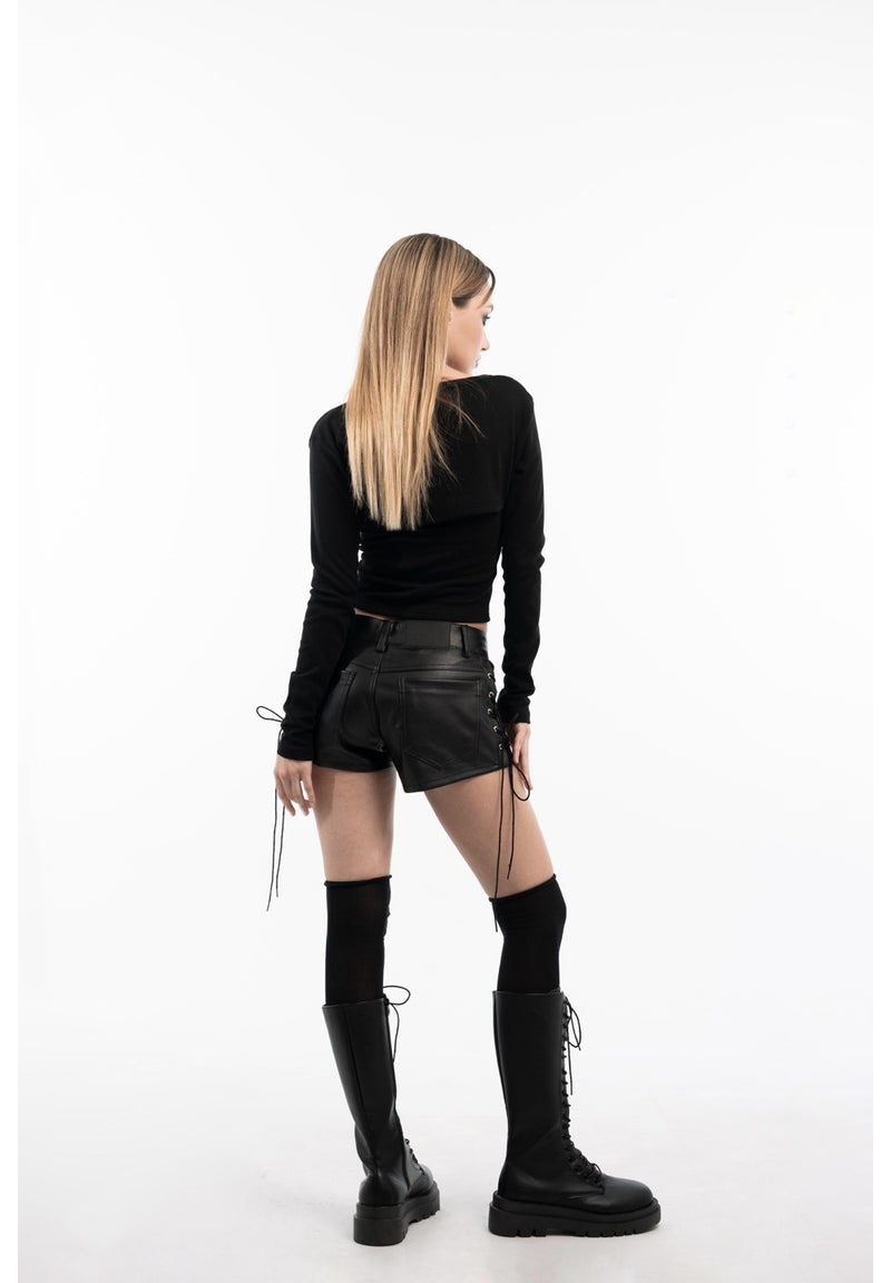 Round toe zipper lace-up long boots (Black)