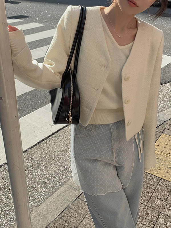 [MADE] Merci No Collar Spring Tweed Guest Look Cropped Short Jacket (2 Colors)