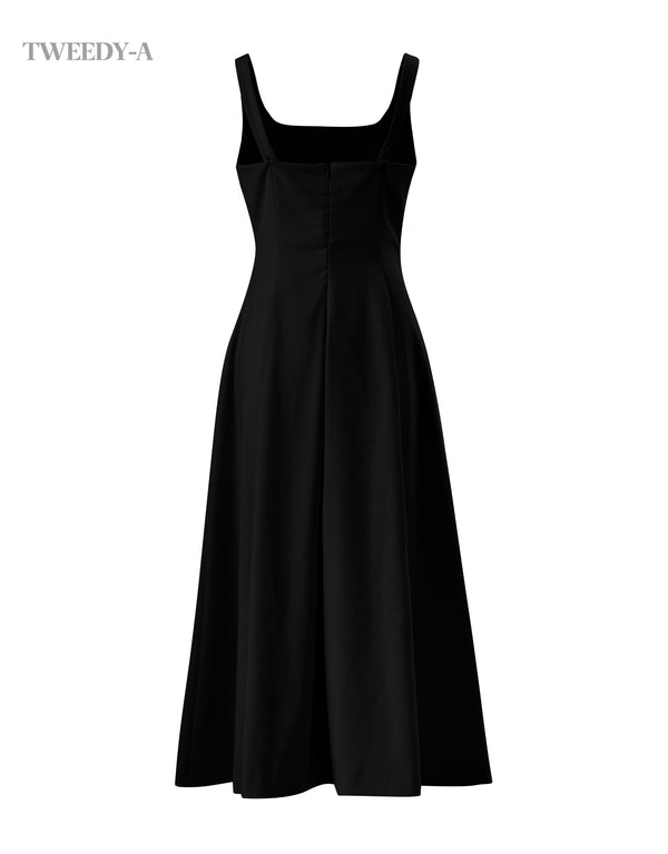 [LADY LINE] Graceful square-neck bustier long flared dress Black