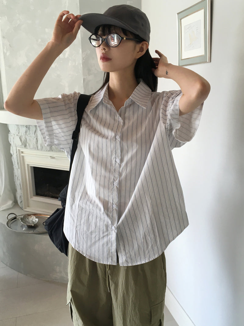 Index striped roll-up collar short-sleeved shirt