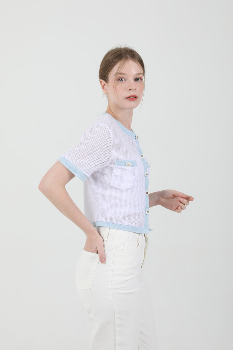 Feminin Contrast Half-sleeve Cardigan White