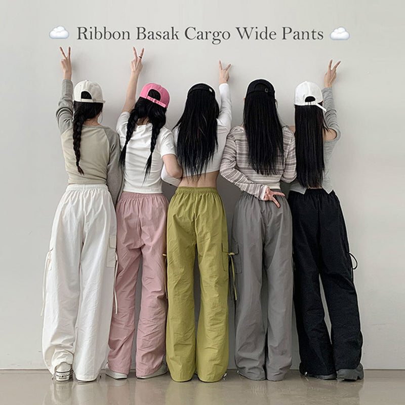 Duffin banding high waist rustling ribbon cargo wide pants